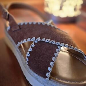 Mariella Made In Italy Brown Suede Platform Sandals with White Handstitching